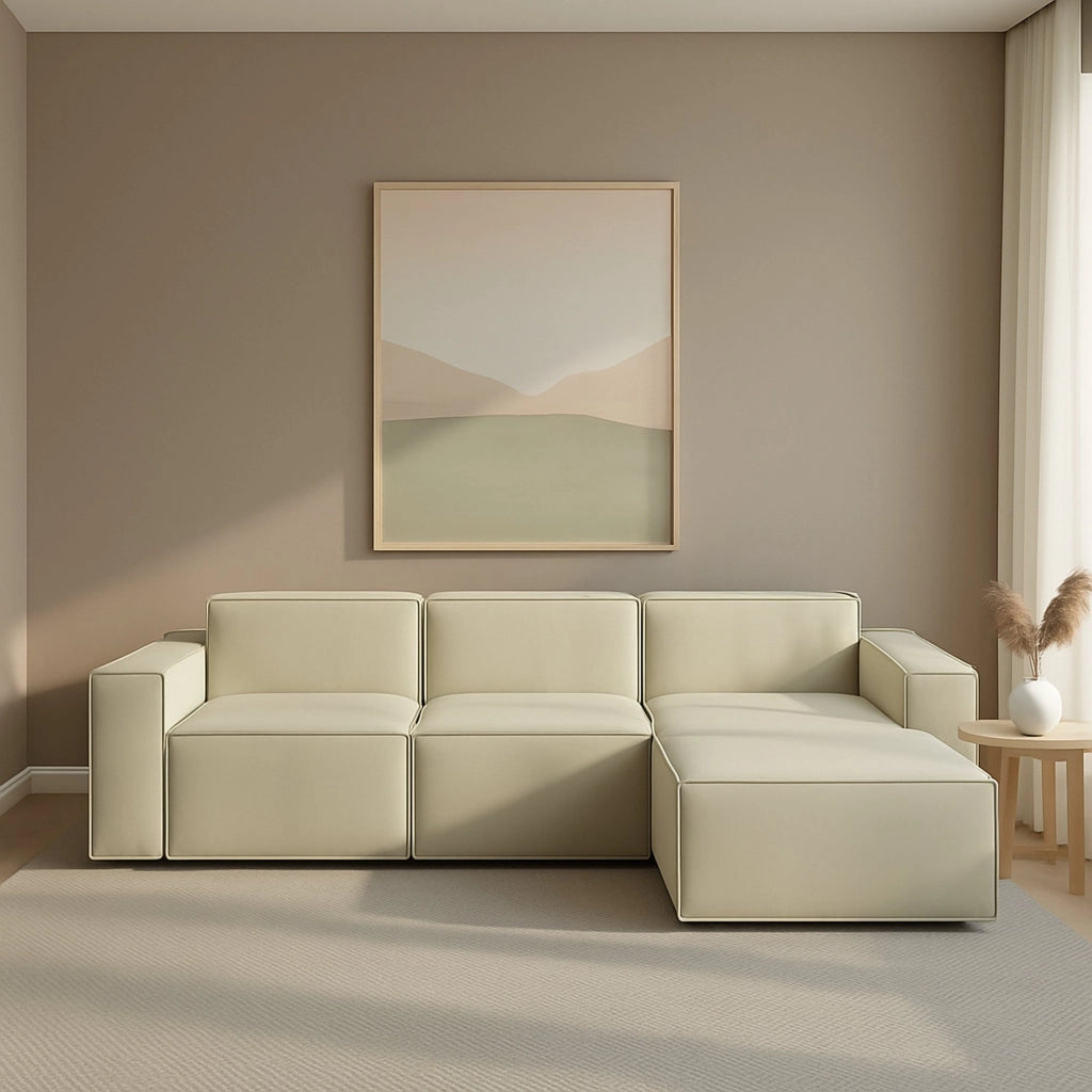 Divano fisso Ananas, Divano componibile a 3 posti con penisola destra, Made in Italy, SofÒ  moderno in tessuto, Cm 300x170h70, Beige