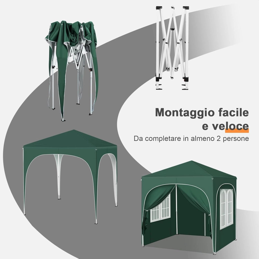 Gazebo Pieghevole 2x2m con 4 Pareti Rimovibili - Protezione Solare UPF 50+, Struttura Metallica Anti-Vento, 3 Regolazioni Altezza, Tendone da Giardino/Campeggio/Spiaggia - Verde