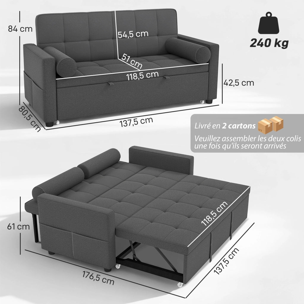 Divano letto 2 posti con letto gigogne e cuscini ¨C zephmum ¨C grigio 80,5x137,5x84 cm