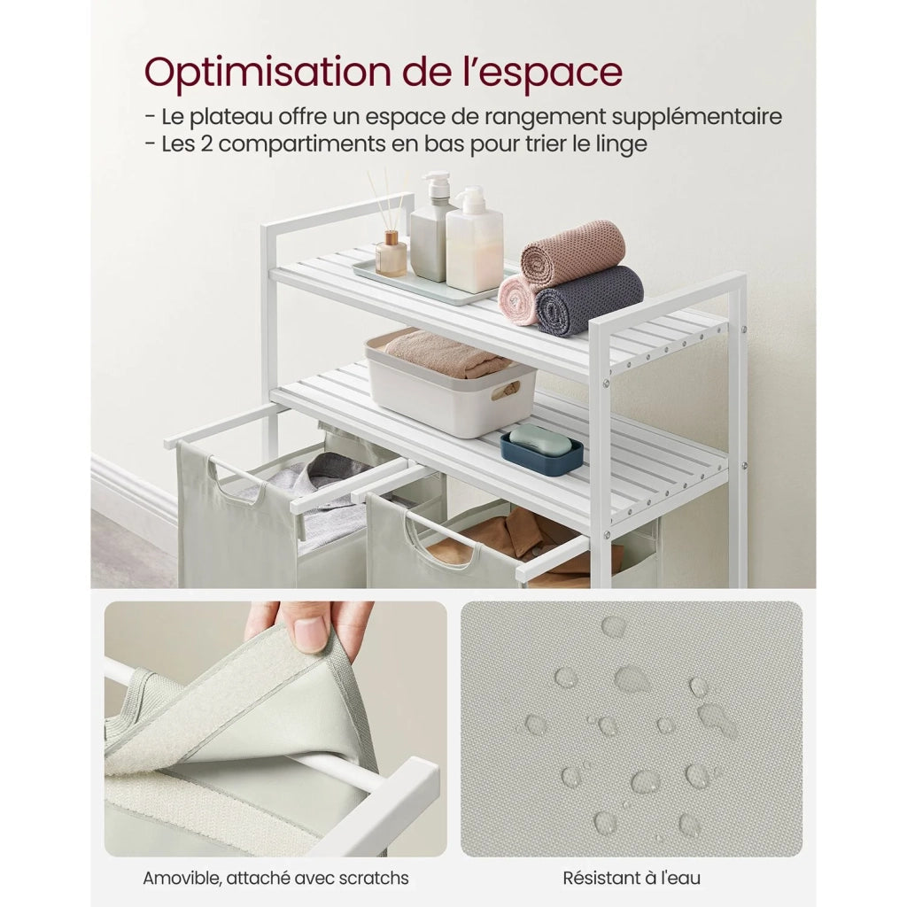 Cesto portabiancheria con 2 scomparti e 2 ripiani sacchetti estraibili capacità 46 litri per sacchetto per bagno/lavanderia marrone rustico e nero 12_0006754