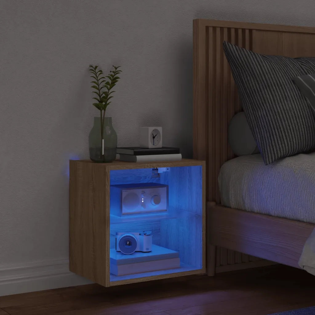 Comodino | Armadio da Notte | Mobiletto da notte con Luci LED a Parete Rovere Sonoma