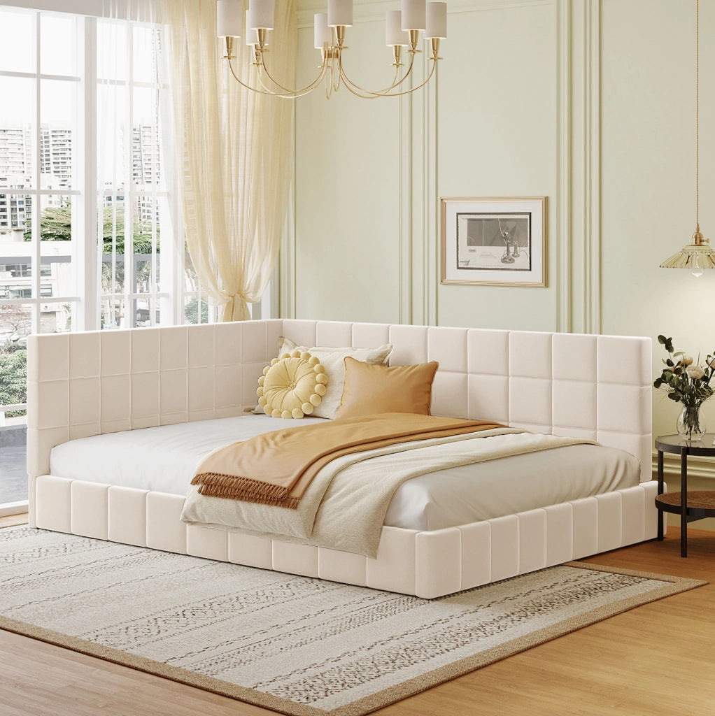 Letto a giorno matrimoniale 140x200 cm in tessuto con rete a doghe; beige