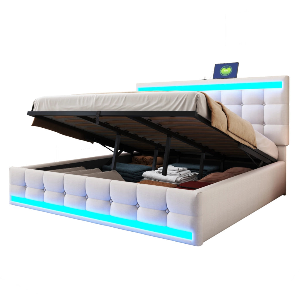 Letto matrimoniale imbottito 180x200 cm con LED RGB; USB e testiera regolabile; beige