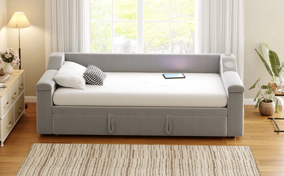 Divano letto 90x190 cm in velluto grigio chiaro con Bluetooth e USB， senza materasso