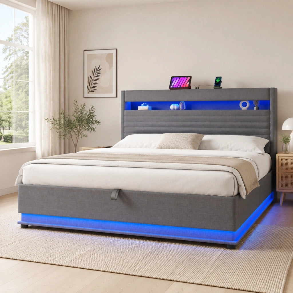 Letto matrimoniale imbottito 180x200 cm con vano idraulico; LED e USB Type-C grigio