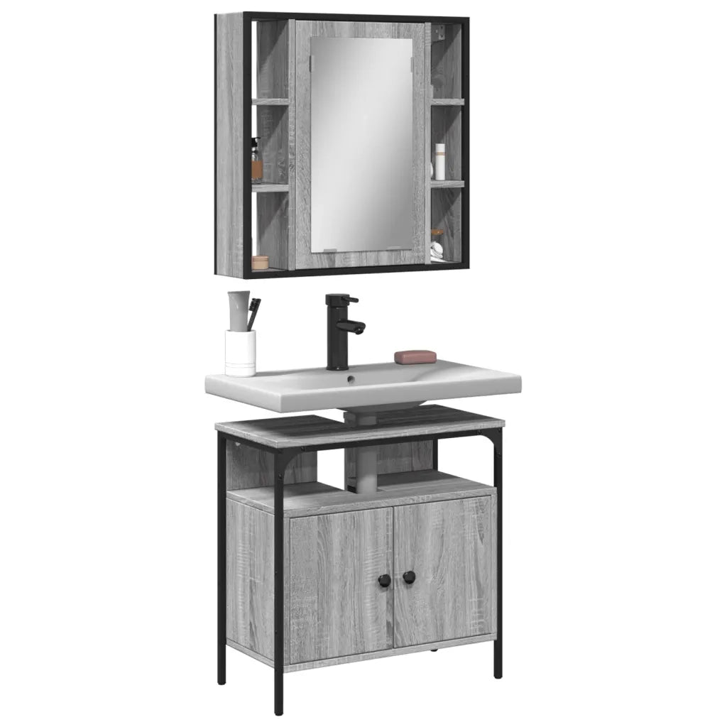 Set Mobili da Bagno | Armadio da bagno 2 pz Grigio Sonoma in Legno Multistrato