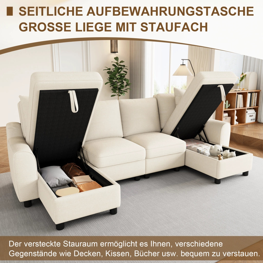 Divano panoramico a U modulare con contenitore e cuscini in chenille beige 280 × 137 × 84 cm