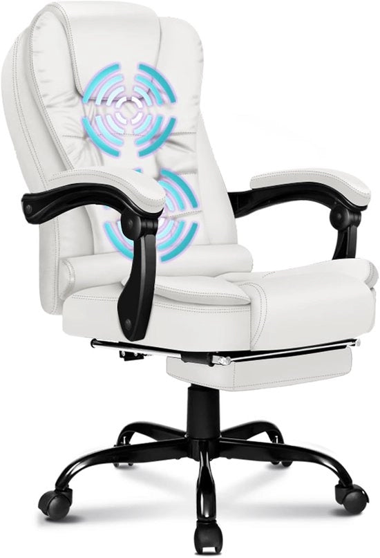 Sedia da Ufficio con Massaggio, Supporto alle Gambe e Supporto alla Testa - Sedia Ergonomica per Manager in Bianco