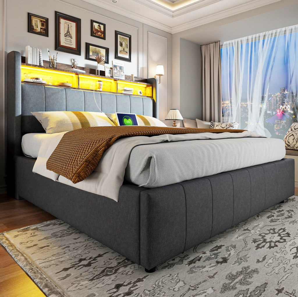 Letto imbottito 160x200 cm grigio con LED; USB; porta Type-C e contenitore idraulico
