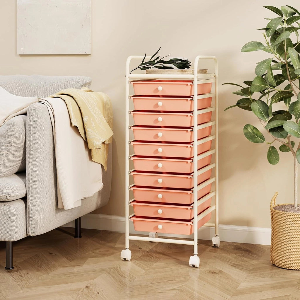 Carrello con 10 Cassetti da Stoccaggio, Cassettiera di Metallo e Plastica, Contenitore Multiuso con Ruote a Freno, per Casa e Ufficio (Arancia)