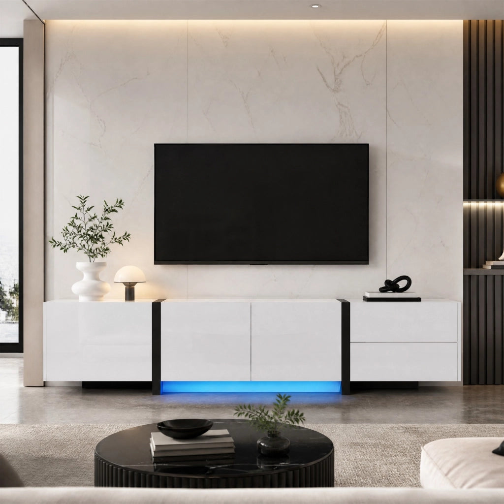 Mobile porta TV bianco lucido con 3 ante, 1 cassetto e 1 ribalta, gambe nere, 170 × 30 × 39 cm