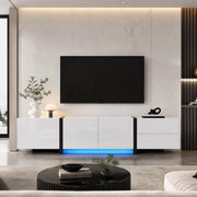 Mobile porta TV bianco lucido con 3 ante, 1 cassetto e 1 ribalta, gambe nere, 170 × 30 × 39 cm