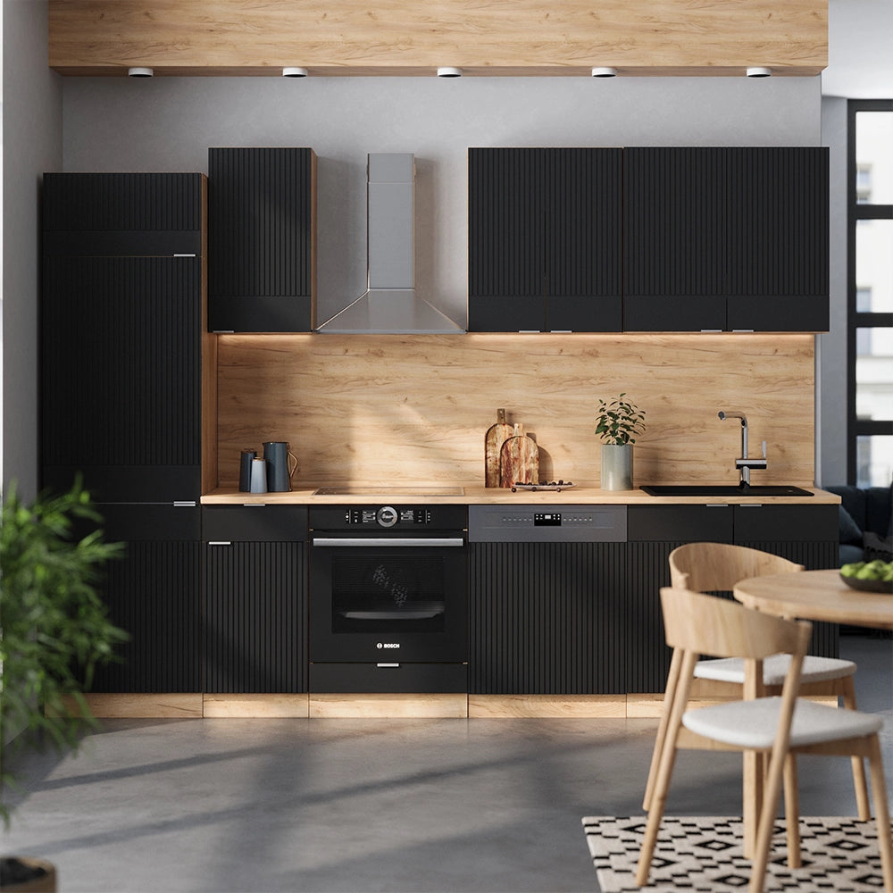 Cucina componibile Fame-Line Nero rigato/Rovere dorato 300 cm, PL Rovere Vicco