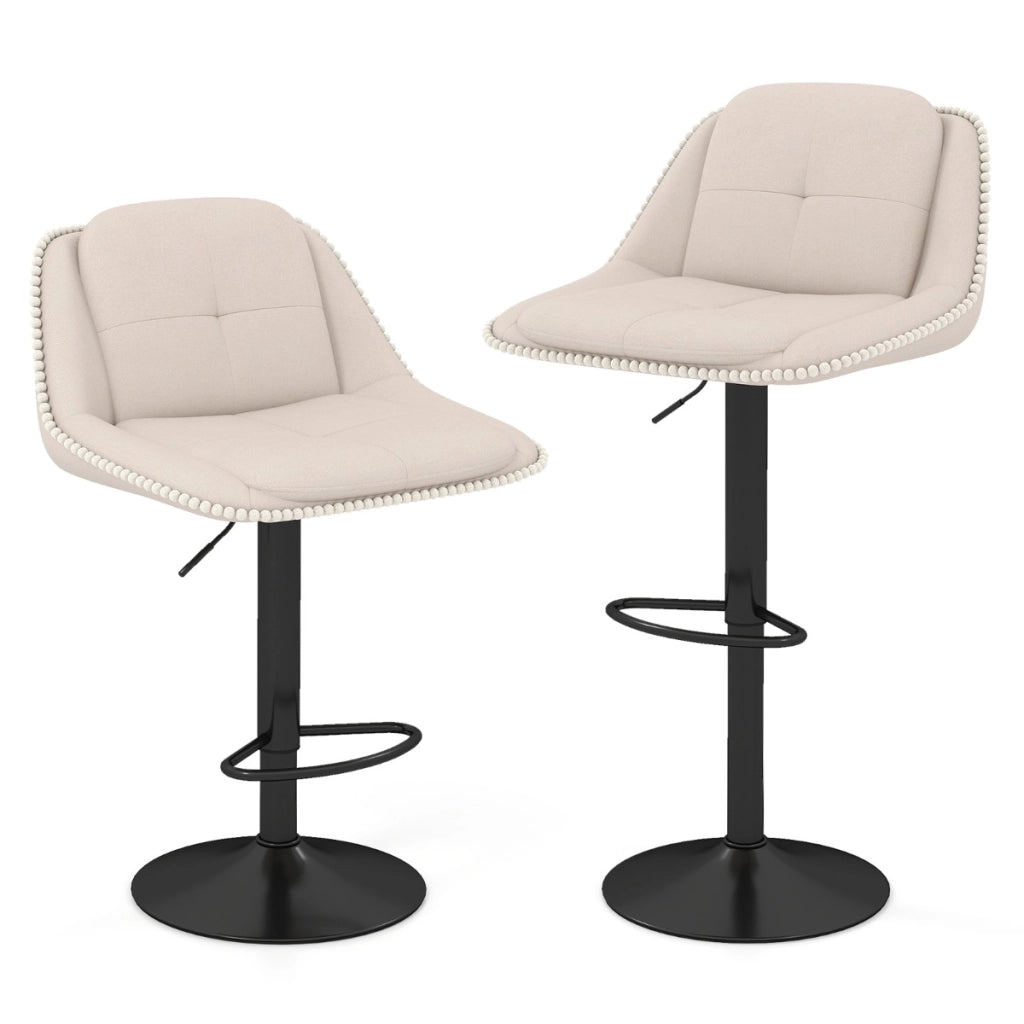 Sgabelli da bar regolabili set di 2 rivestiti in ciniglia con poggiapiedi-Sgabelli da bar cuscini imbottiti per schiena e seduta Beige