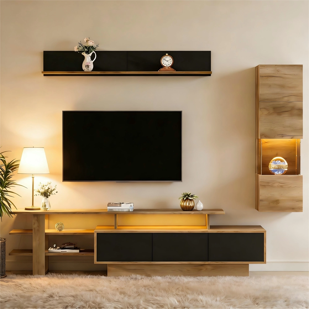 TV Wohnwand Set 3-teilig con illuminazione LED - Zephmum - TV fino a 80", 1 armadio, 1 vetrina, 1 scaffale sospeso, colore nero e legno naturale