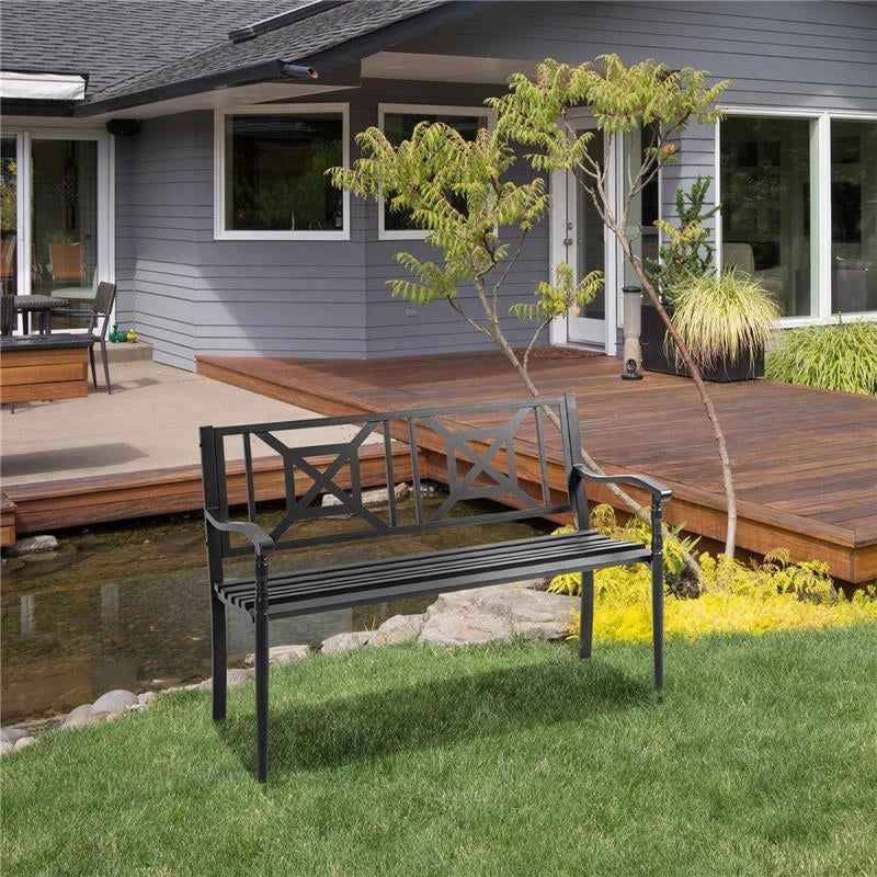 PANCHINA DA GIARDINO IN ACCIAIO A 2 POSTI CON SCHIENALE ALTO E BRACCIOLI, 128X62.5X81.5 CM, NERO