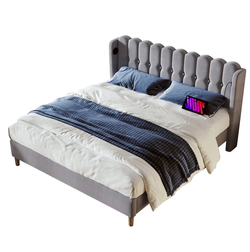 Letto imbottito grigio 160x200 cm con testiera USB e Type-C