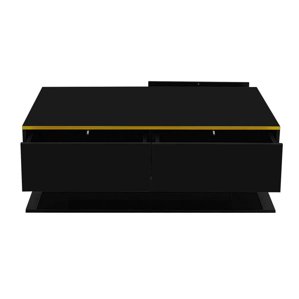 Tavolino da caff¨¨ moderno con LED, 3 cassetti, finitura lucida, nero/oro