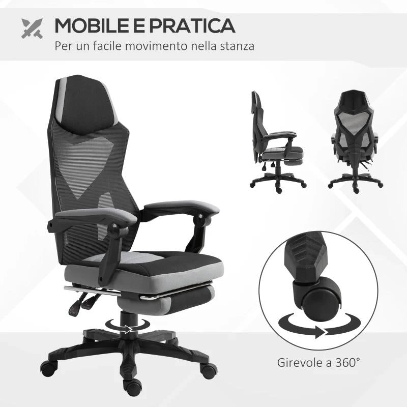 SEDIA DA UFFICIO ERGONOMICA CON SCHIENALE RECLINABILE, POGGIAPIEDI RETRATTILE, ALTEZZA REGOLABILE, GRIGIO