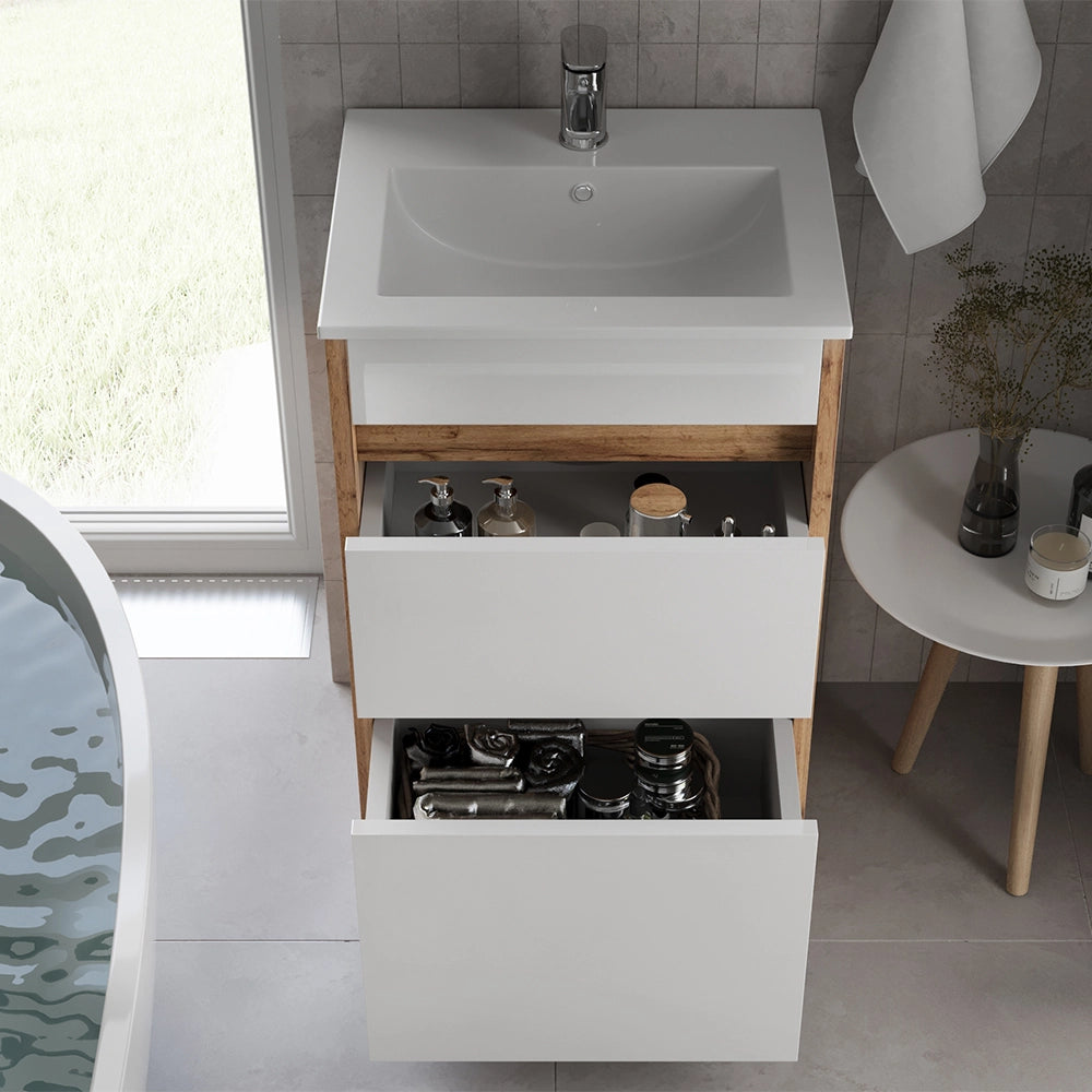 Vicco Set mobili bagno Quercia dorata 2 parti, con lavabo e 2 cassetti