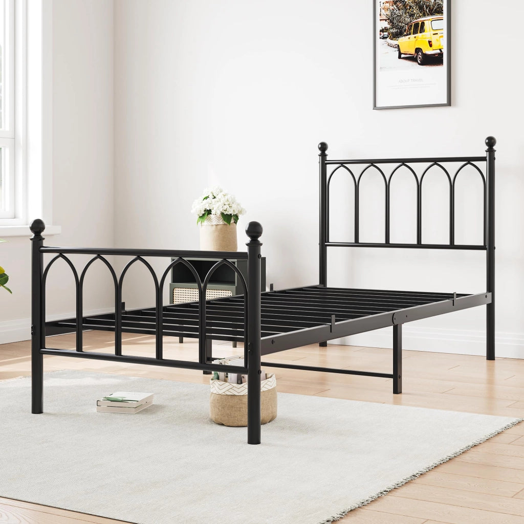 Letto in metallo con testiera vintage e contenitore, 90x200 cm, nero