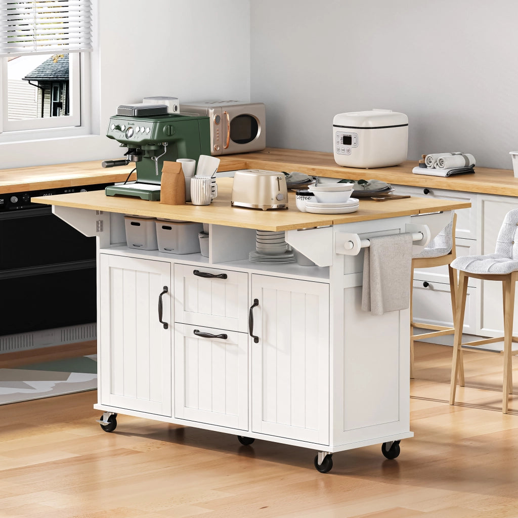 Carrello da Cucina con 2 Ante; 2 Cassetti; Piano Pieghevole; Prese e Portasciugamani; in MDF; Bianco e Naturale