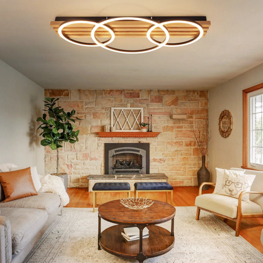 ZMH Lampada da soffitto plafoniera LED legno dimmerabile 70cm 46W 3 anelli design moderno nero telecomando per soggiorno