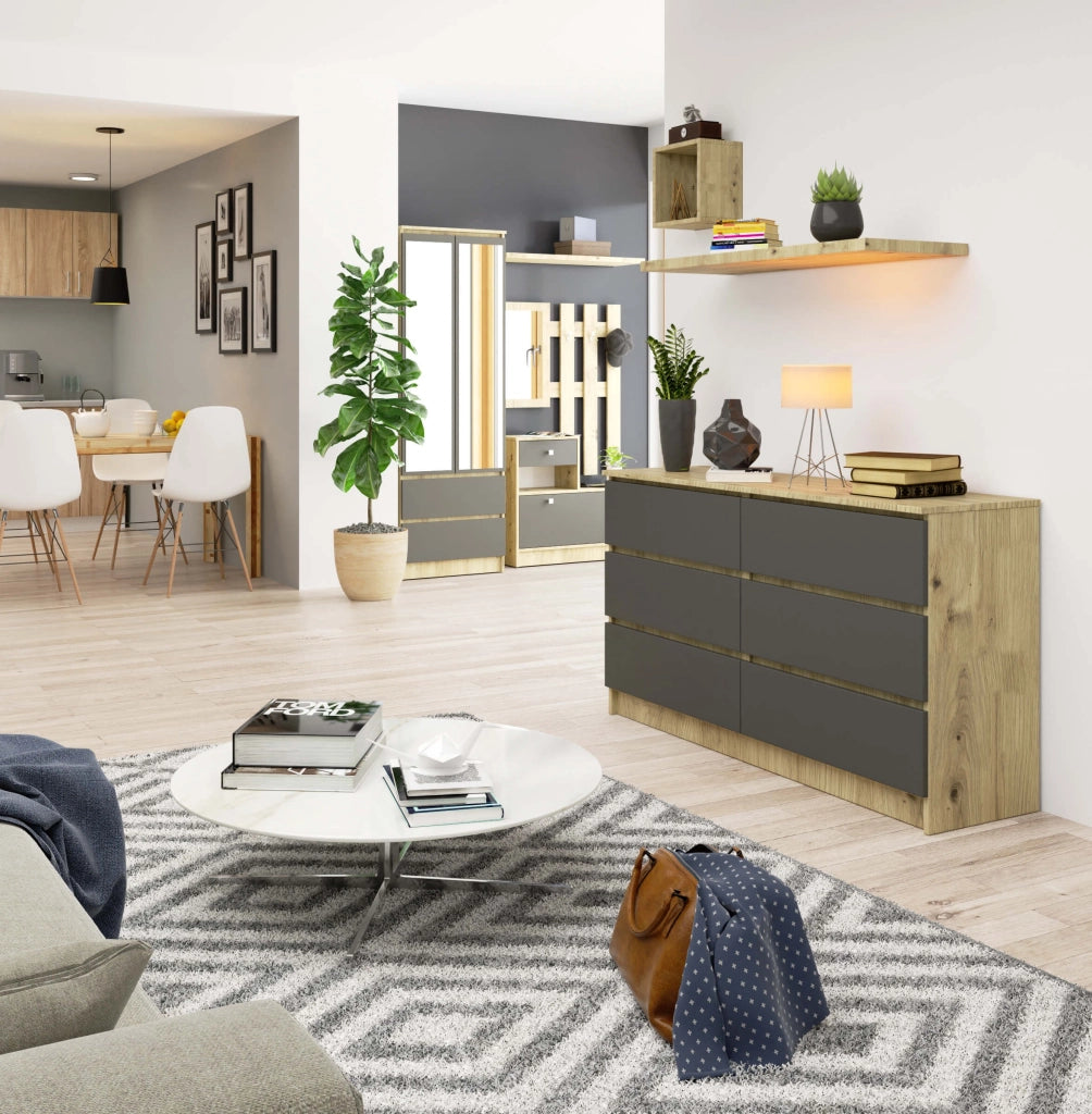 Cassettiera AKORD K140 Quercia Artisan 138 cm 6 cassetti inserto frontale Grigio Grafite 138x40x77 cm