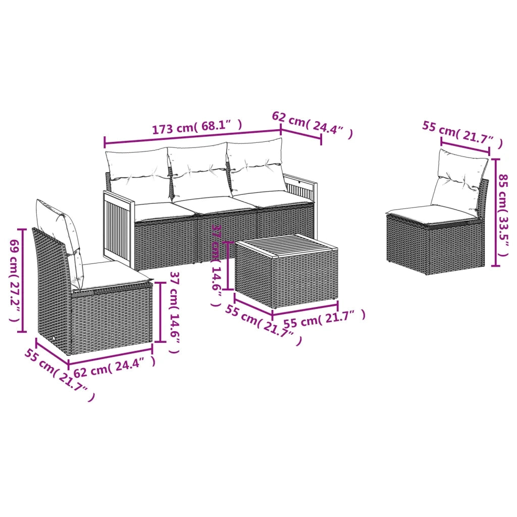 Set Divano da Giardino 6 pz con Cuscini-Sofa da Giardino-Divanetto da esterno Nero in Polyrattan 162565