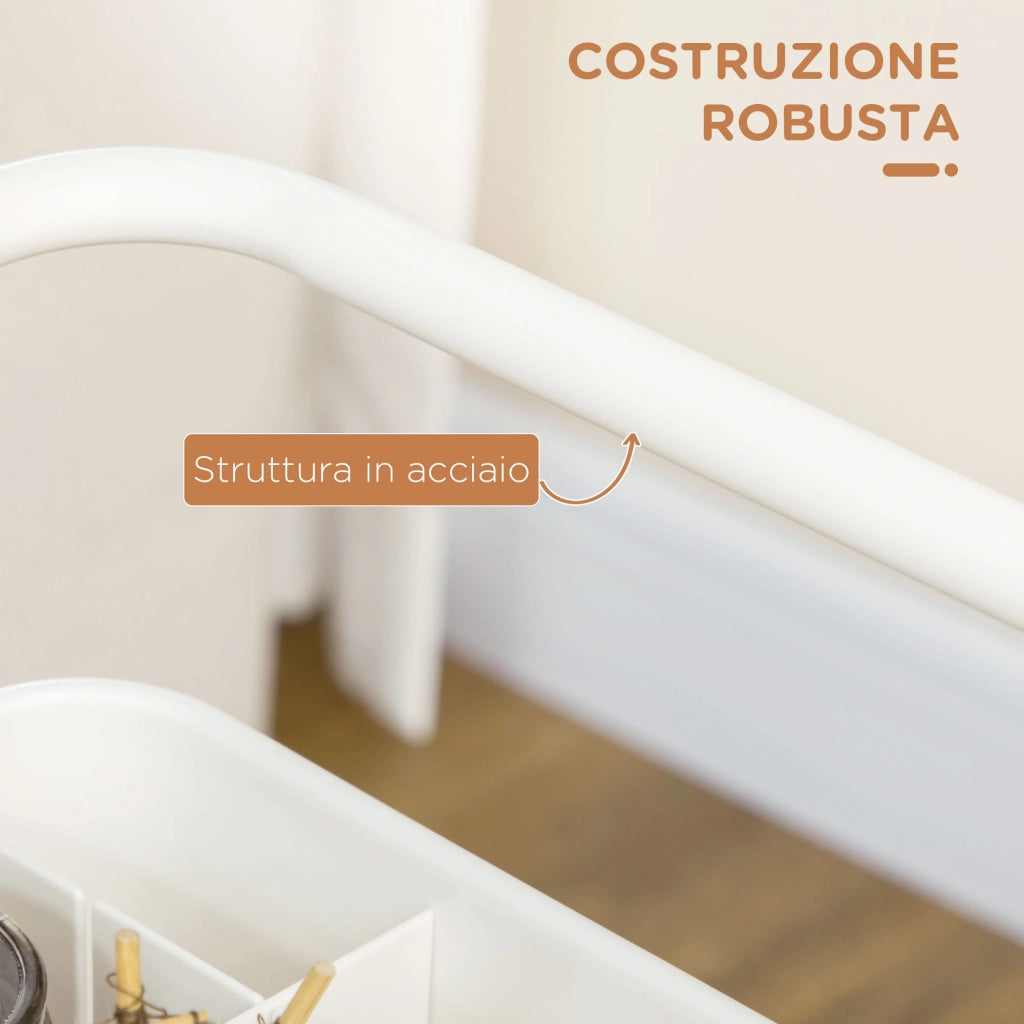 Carrello da Cucina Multiuso a 3 Livelli con Cestini e Ganci Rimovibili Ripiano con 12 Divisori in Acciaio e ABS Bianco