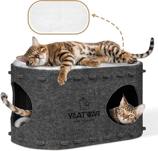 Cuscino per gatto con casa per gatto per interni ed esterni con 2 cuscini morbidi e caldi - resistente al freddo - protezione dalle unghie dei gatti - 58 x 33 x 30 cm (l x p x a) - grigio scuro
