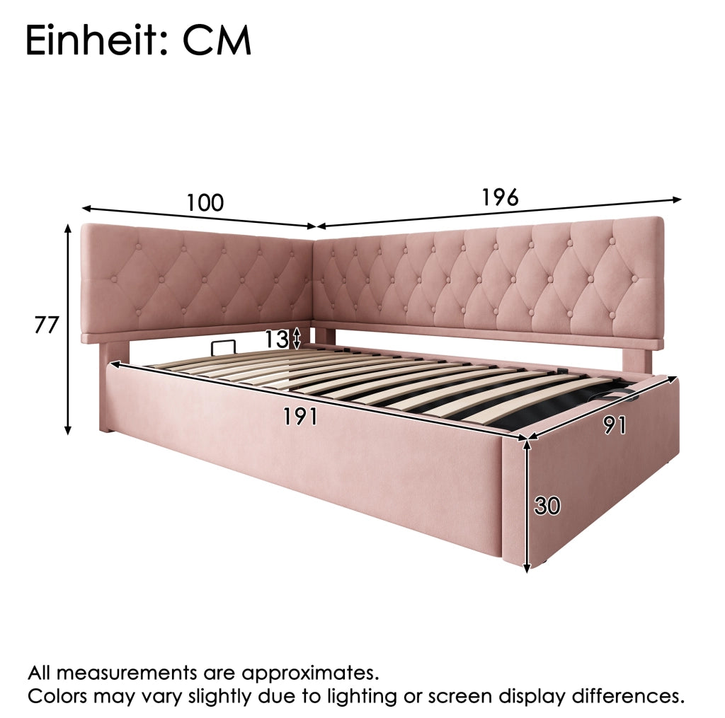 Letto imbottito 90x190 cm in velluto rosa con contenitore idraulico