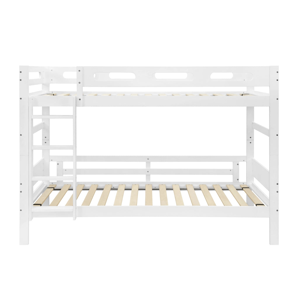 Letto a Castello 90x200 cm; 2 Posti - con Scala e Sponda di Sicurezza - in Legno - Bianco
