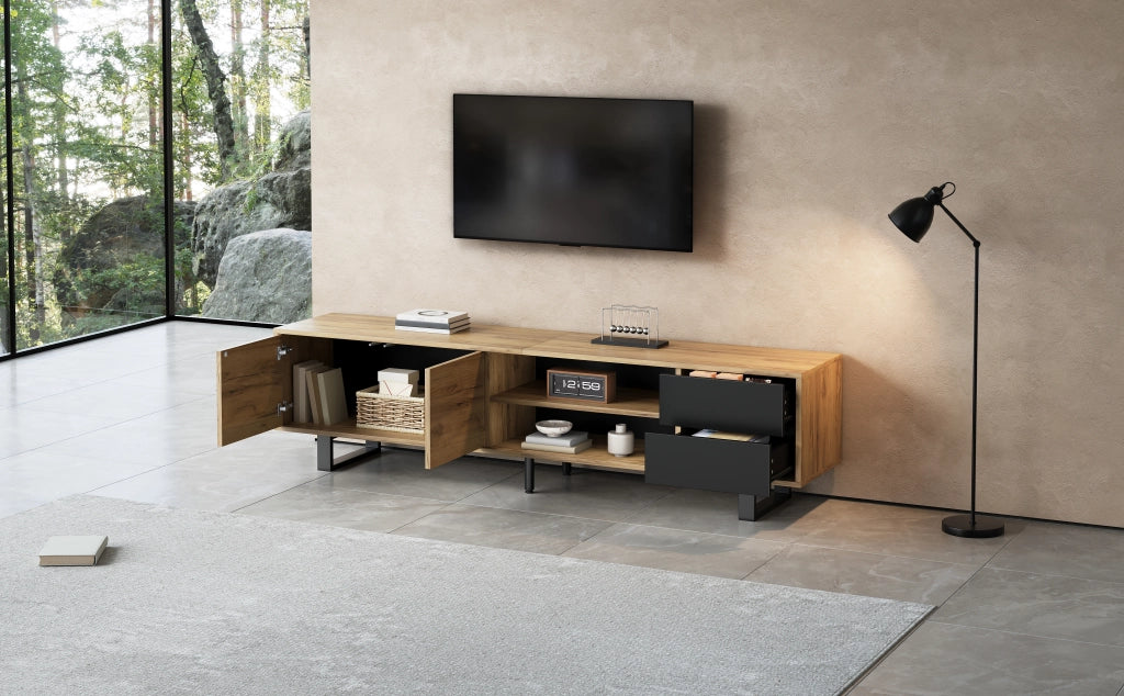 Mobile porta TV con 2 ante 2 cassetti e vani aperti per soggiorno in truciolare e metallo nero 180 × 40 × 50 cm