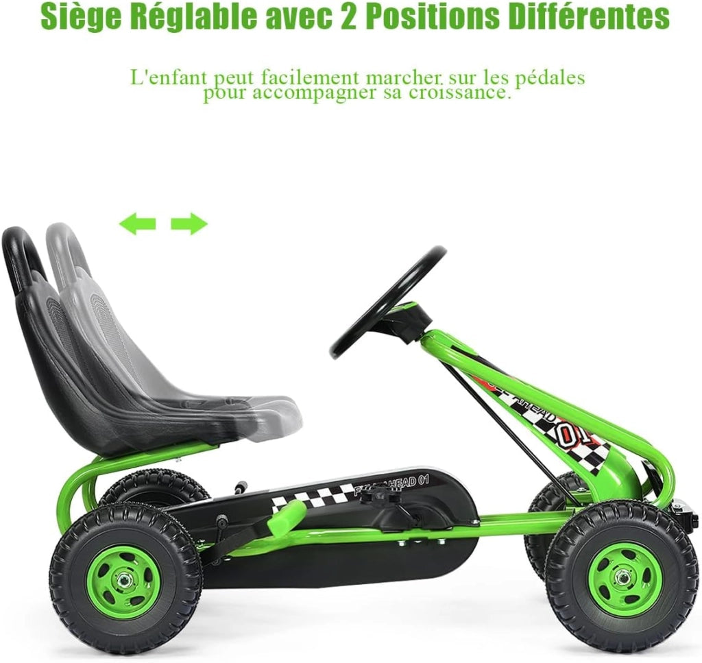 Go Kart a Pedali per Bambini, Macchina per Bambini con Sedili Regolabili in 2 Posizioni e 4 Ruote Antisdrucciolo, Trazione Anteriore e Posteriore, Carico 30 kg, per Bambini di 3 Anni + (Verde)