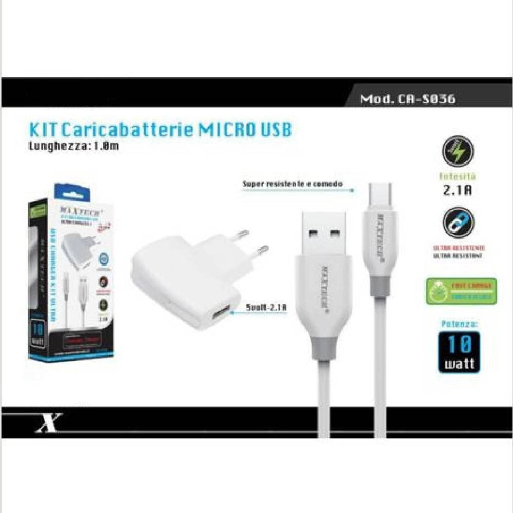 Trade Shop - Kit Caricabatteria Adattatore Di Ricarica Con Cavo Micro Usb 1mt Maxtech Ca-s036 -