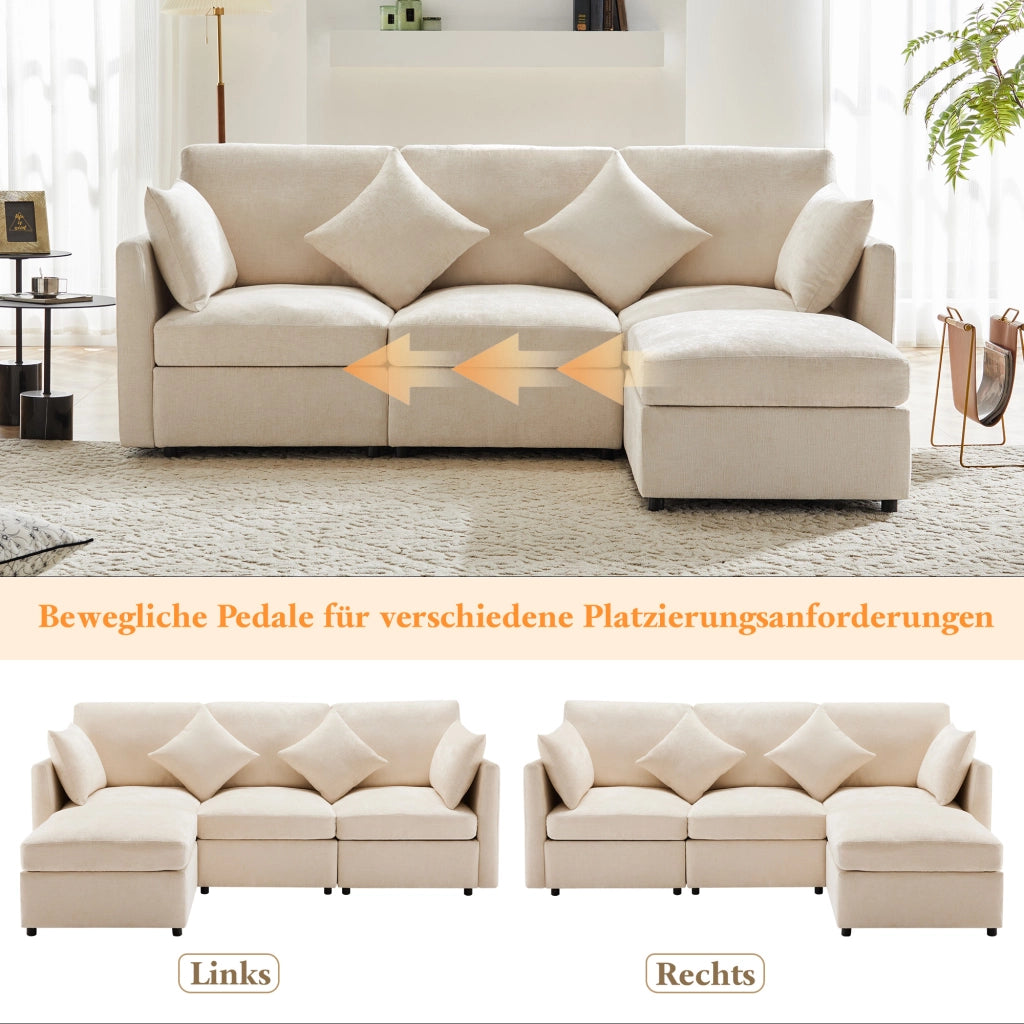 Divano Angolare Reversibile 3-4 Posti con Pouf Mobile; Cuscini Inclusi; Seduta Ergonomica in Ciniglia Beige