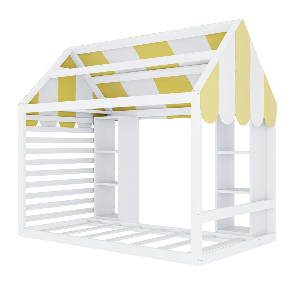 Letto per bambini in stile cottage con baldacchino e vani portaoggetti aperti 90x200 cm; bianco