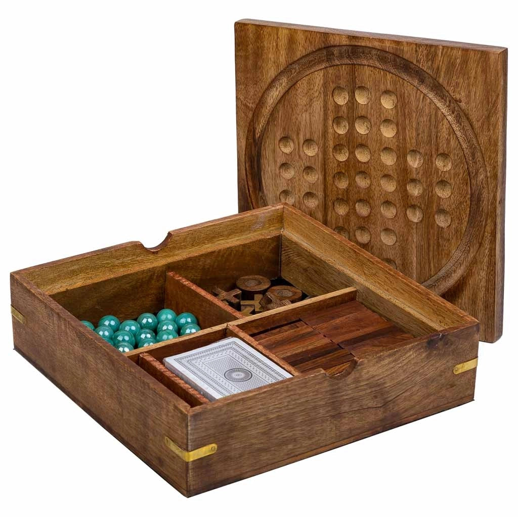Gioco 5 in 1 (3 di fila+Domino+dadi+2 carte+solitario) in scatola legno marrone 23x23xh