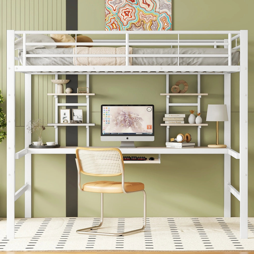 Letto a Soppalco Letto Matrimoniale con Scrivania; 2 Scaffali e Ripiano Tastiera; 140 x 200 cm; senza Materasso; Bianco