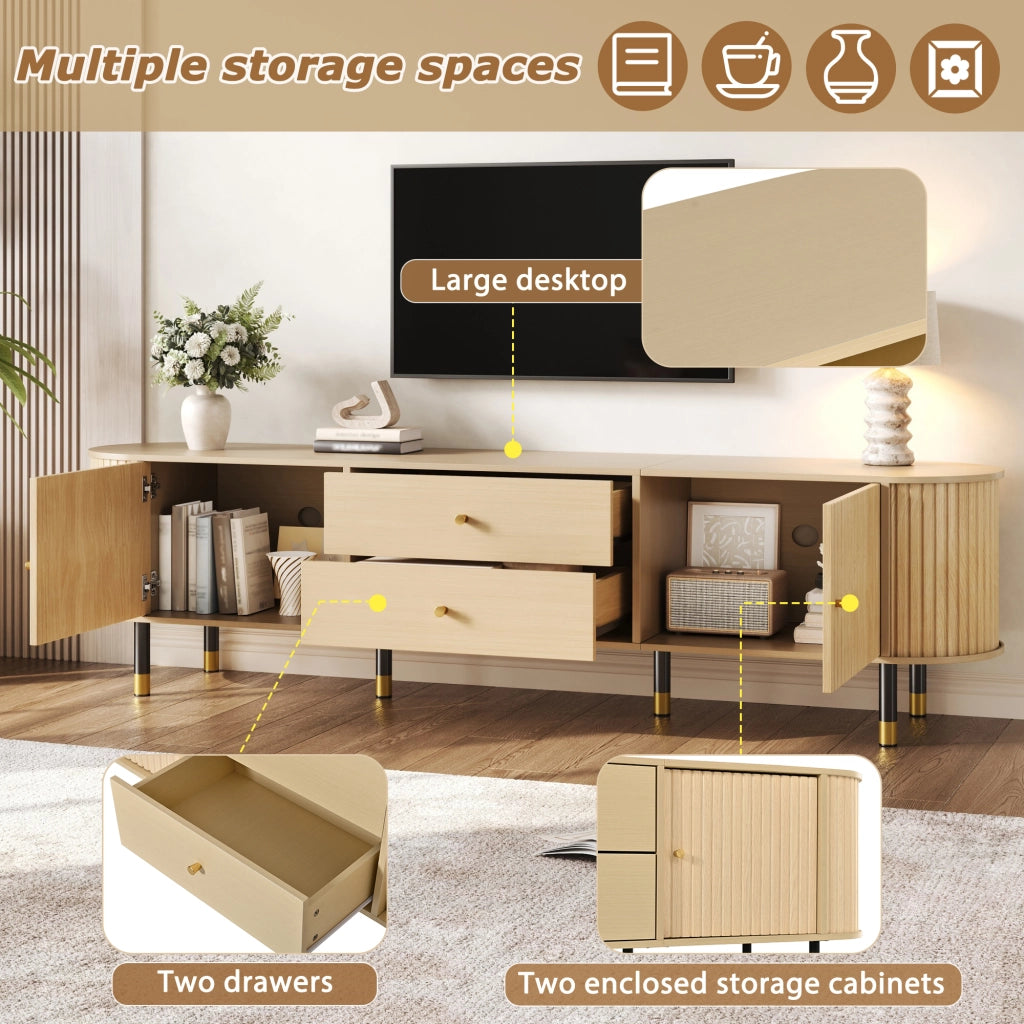 Mobile porta TV con 2 cassetti e 2 ante, passacavi e 6 gambe, per soggiorno, 180 × 40 × 58 cm, in MDF, naturale
