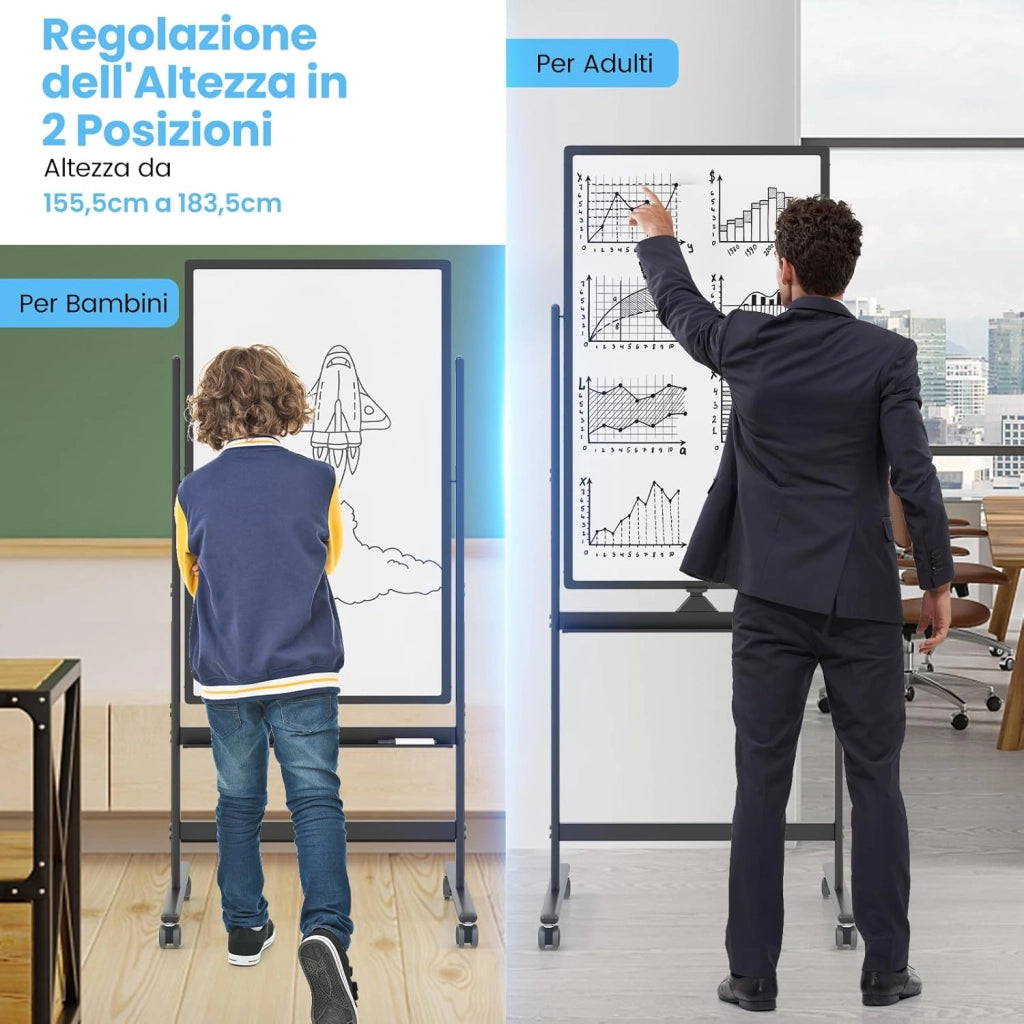 Lavagna Bianca Portatile con Ruote, Lavagna a Secco Reversibile con Pennarelli, Cancellino, Lavagna Bianca Regolabile in Altezza per Scuola, Ufficio, Casa, 68 x 56 x 155,5-183,5 cm (Nero)