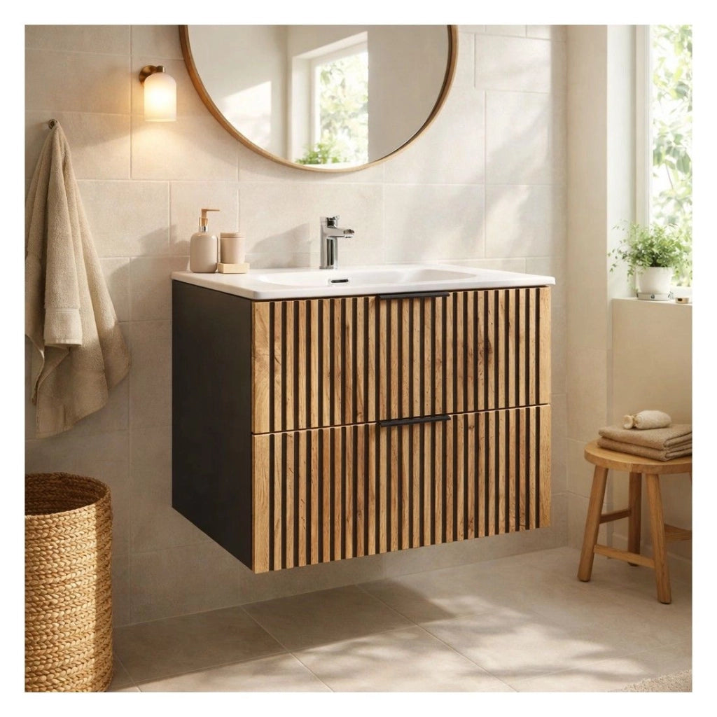 Set da bagno KINOKO: mobiletto sotto lavabo con cassetti 60cm + lavabo da incasso bianco + sifone