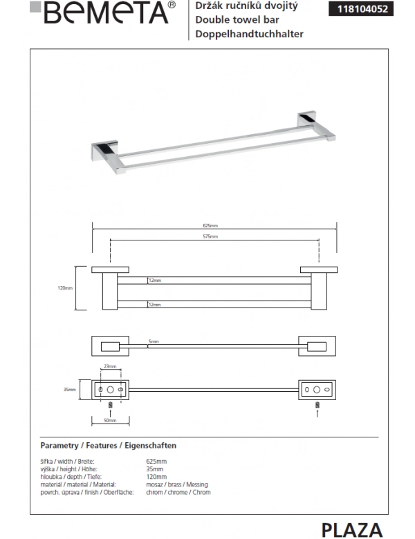 PLAZA Doppio Portasciugamani Cromato 12x62,5x3,5 cm