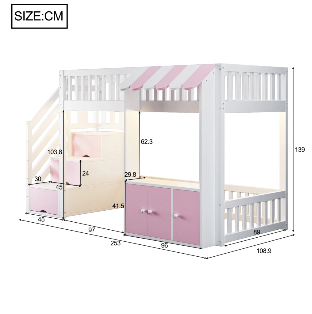 Letto a soppalco 90x200 cm rosa con scala contenitore e LED