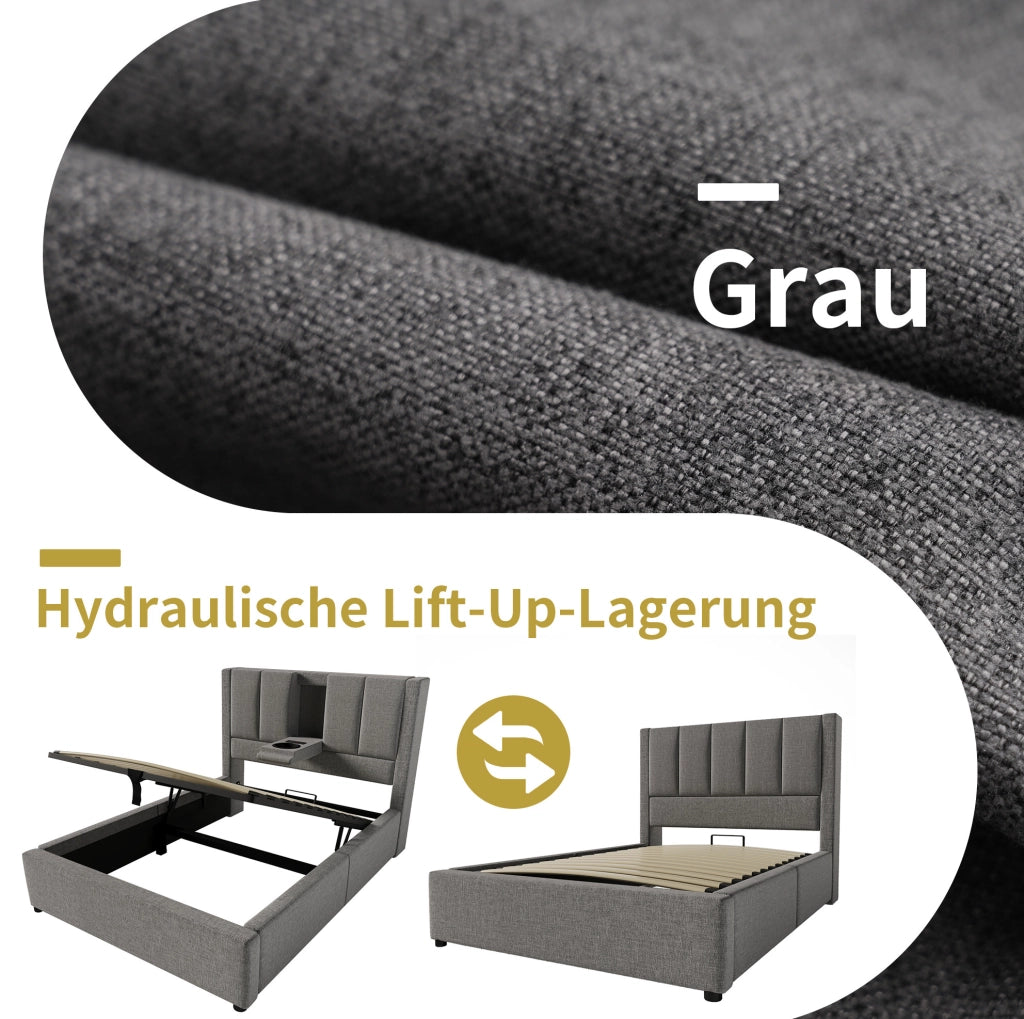 Letto singolo imbottito 90x200 cm con ricarica USB-C, grigio