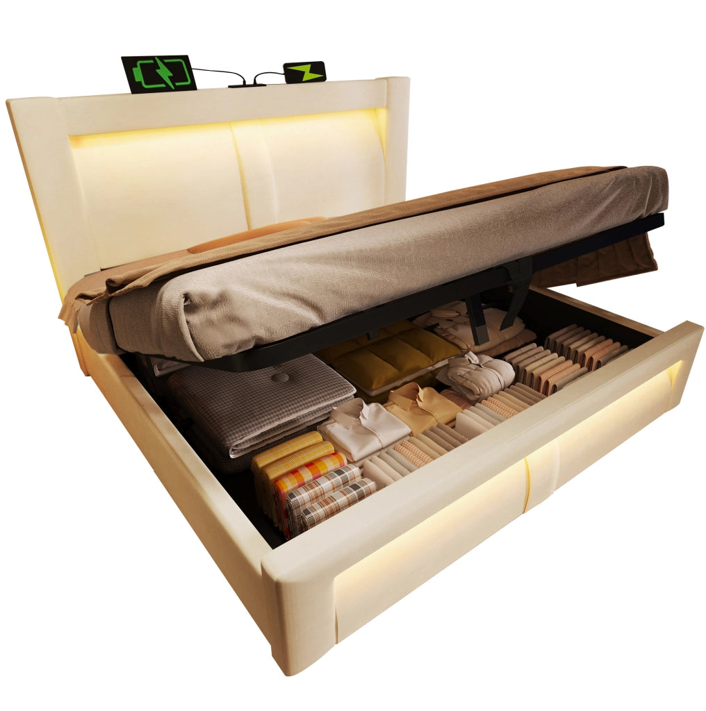 Letto matrimoniale 160x200 cm con contenitore; LED; USB e Type-C; in velluto beige; con materasso