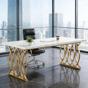 Scrivania lineare con piano effetto marmo e struttura in metallo per ufficio e sala riunioni oro e bianco 160 × 80 cm