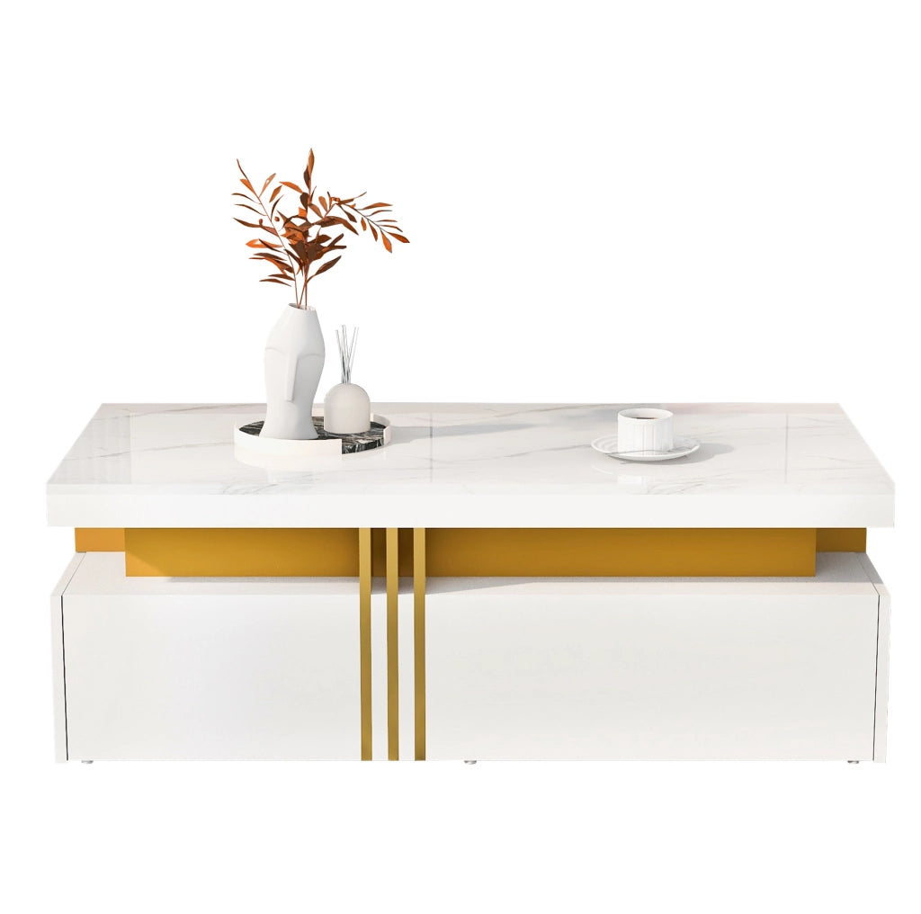 Tavolino da salotto moderno rettangolare 100x50x40 cm bianco lucido con 2 cassetti