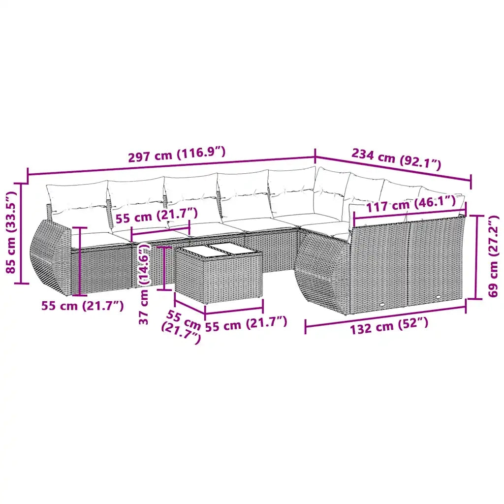Set Divano Giardino 10 pz con Cuscini Grigio Chiaro Polyrattan